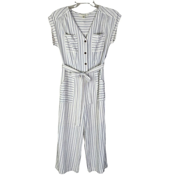 Monteau Pants - Monteau Women’s Navy & Cream Pin Striped Belted Ankle Crop Jump Suit Size Small